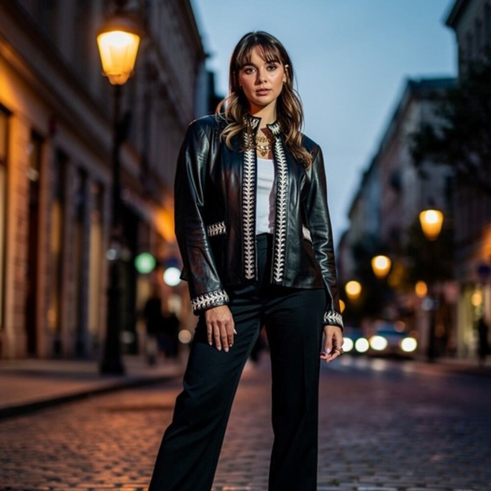 Guillaume Black Leather Jacket With White Laces Sz M